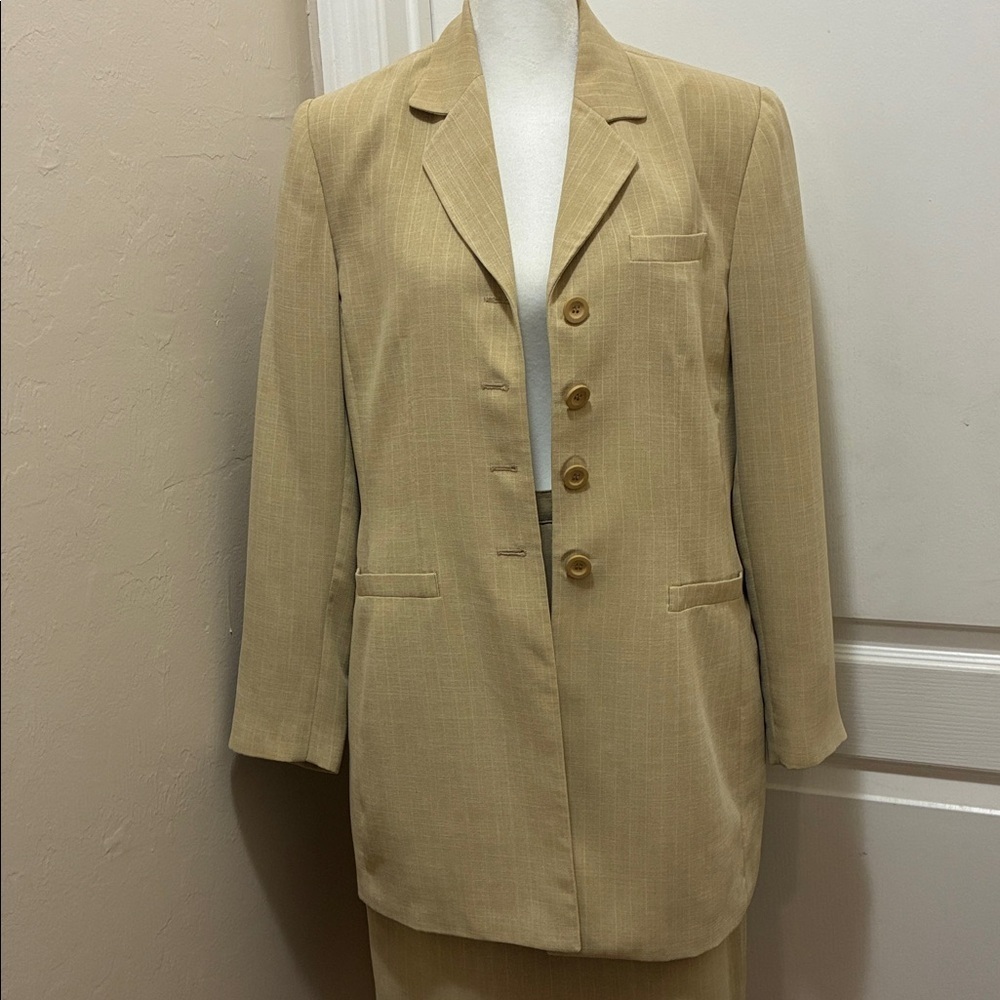 Le Suit Lined Tan Pin Strip Women's Blazer and Skirt Set